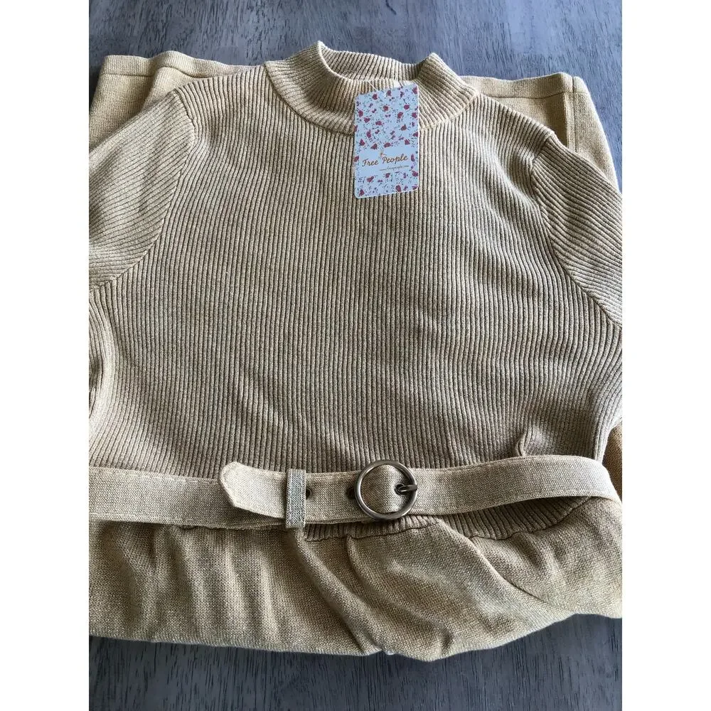 Free People French Girl Gold Metallic Mini Sweater Dress - L